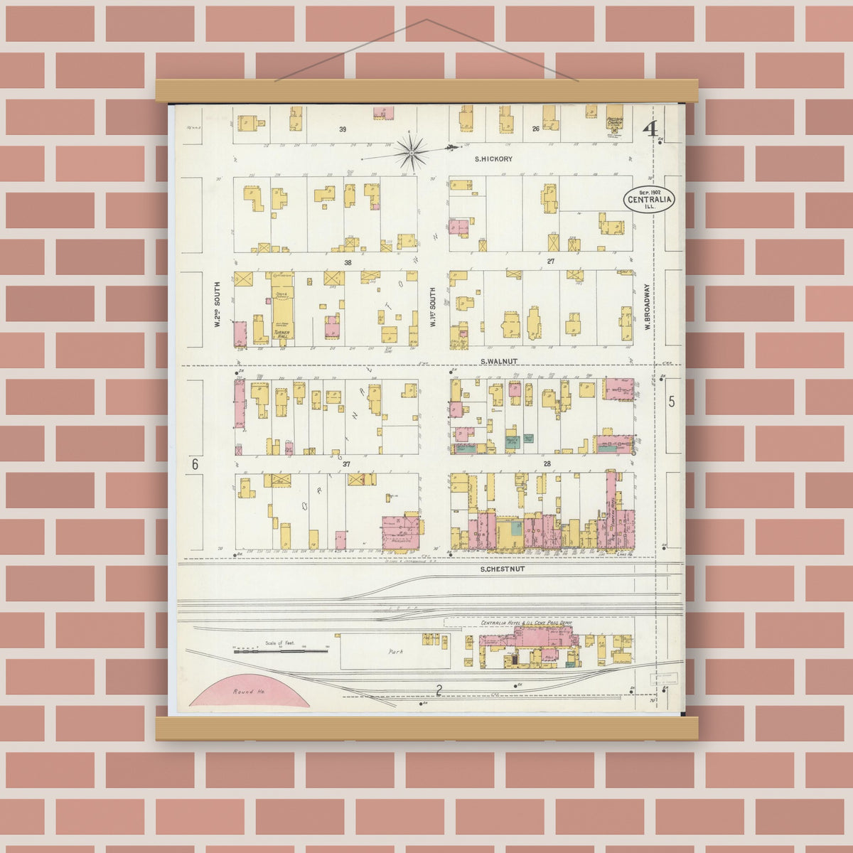 Old map wall art mockup — magnetic wood frame on brick wall — Sanborn Fire Insurance Map from Centralia, Marion, Clinton, Jefferson, and Washington Counties, Illinois (1902), Sheet #0004
