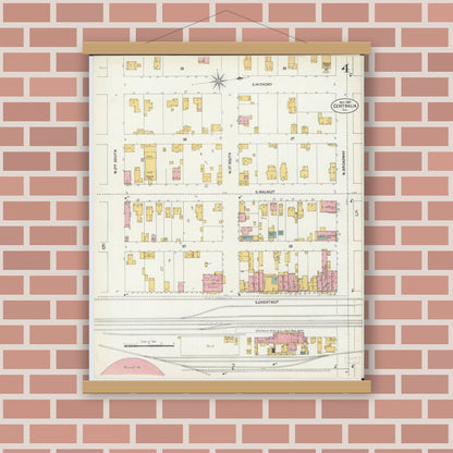 Old map wall art mockup — magnetic wood frame on brick wall — Sanborn Fire Insurance Map from Centralia, Marion, Clinton, Jefferson, and Washington Counties, Illinois (1902), Sheet #0004