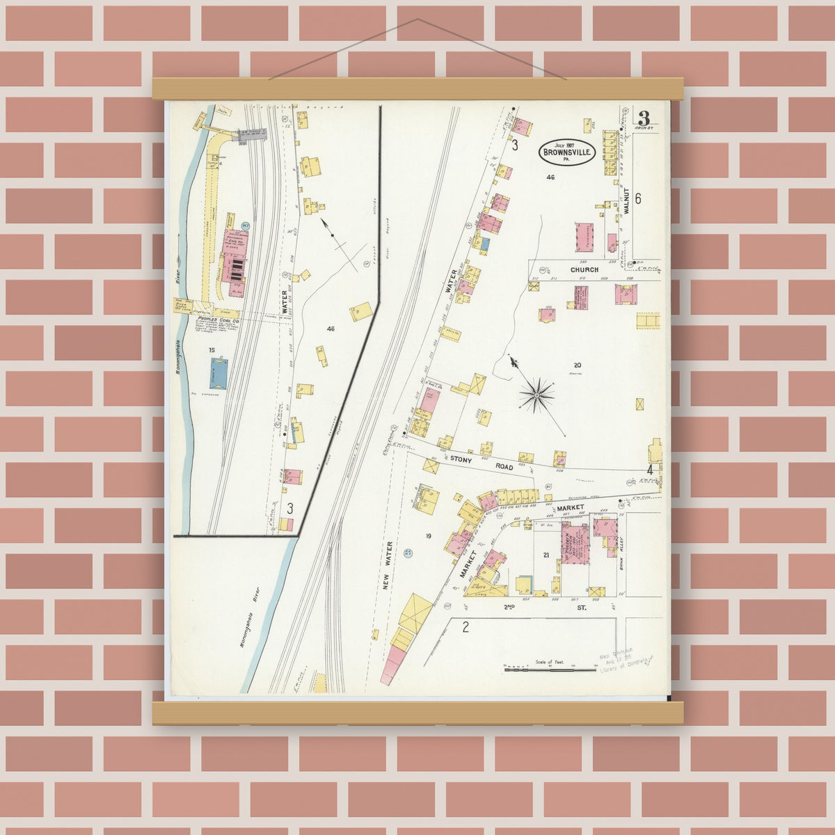 Old map wall art mockup — magnetic wood frame on brick wall — Sanborn Fire Insurance Map from Brownsville, Fayette County, Pennsylvania (1907), Sheet #0003