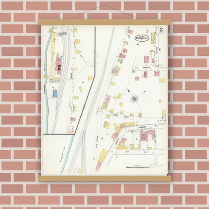 Old map wall art mockup — magnetic wood frame on brick wall — Sanborn Fire Insurance Map from Brownsville, Fayette County, Pennsylvania (1907), Sheet #0003