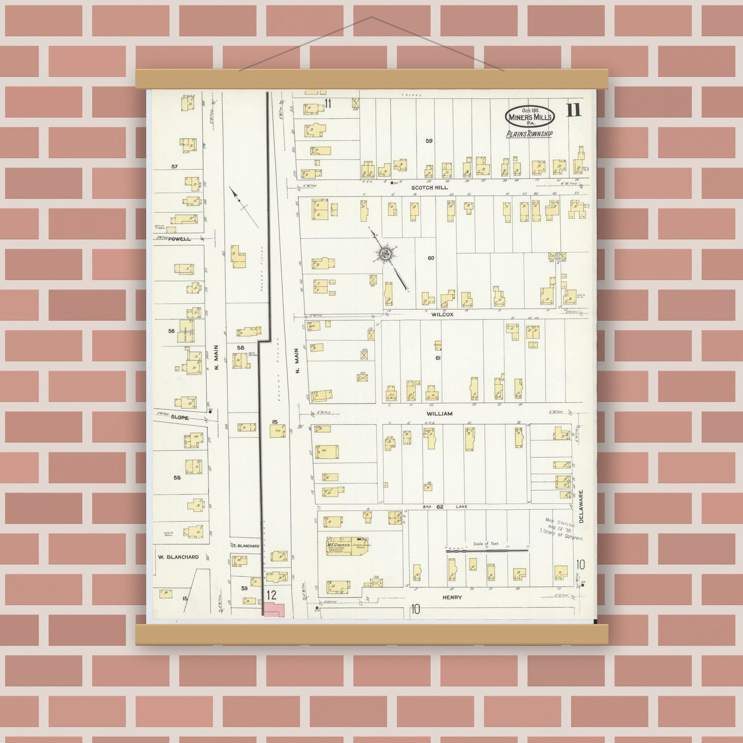 Old map wall art mockup — magnetic wood frame on brick wall — Sanborn Fire Insurance Map from Miners Mills, Luzerne County, Pennsylvania (1911), Sheet #0011