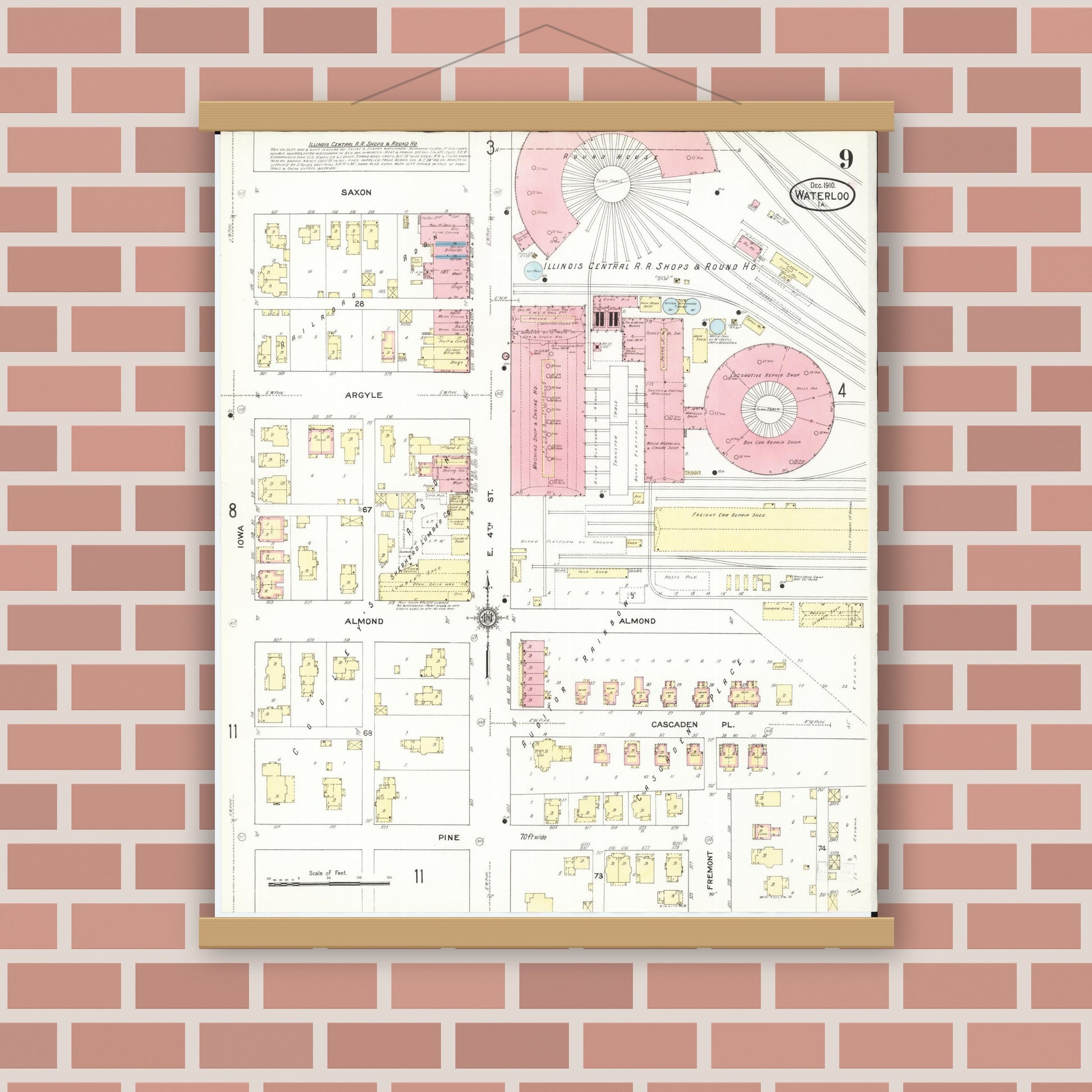 Old map wall art mockup — magnetic wood frame on brick wall — Sanborn Fire Insurance Map from Waterloo, Black Hawk County, Iowa (1910), Sheet #0009