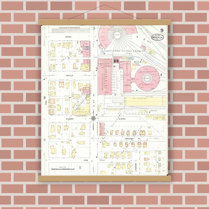 Old map wall art mockup — magnetic wood frame on brick wall — Sanborn Fire Insurance Map from Waterloo, Black Hawk County, Iowa (1910), Sheet #0009