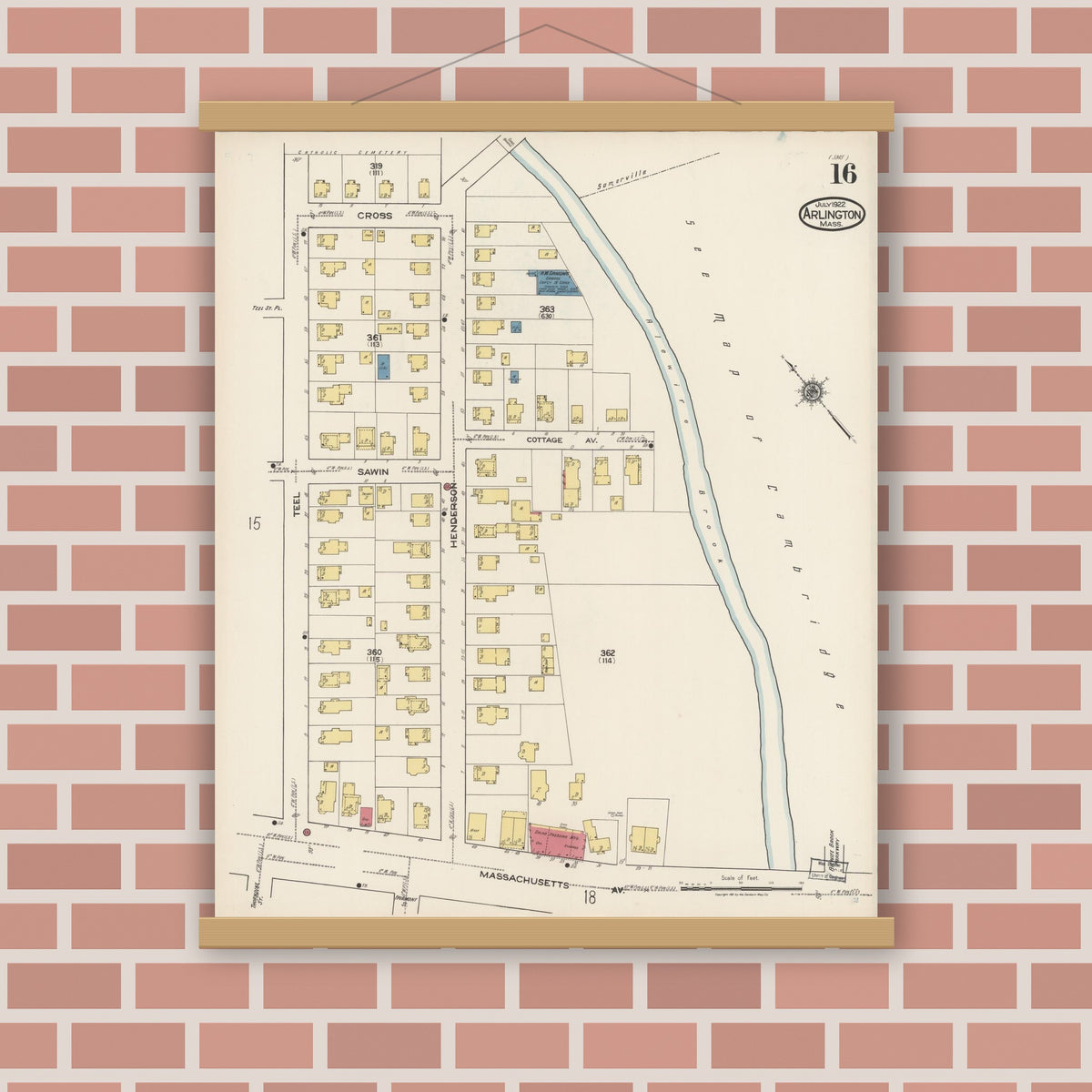 Old map wall art mockup — magnetic wood frame on brick wall — Sanborn Fire Insurance Map from Arlington, Middlesex County, Massachusetts (1922), Sheet #0016