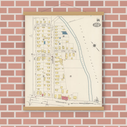Old map wall art mockup — magnetic wood frame on brick wall — Sanborn Fire Insurance Map from Arlington, Middlesex County, Massachusetts (1922), Sheet #0016