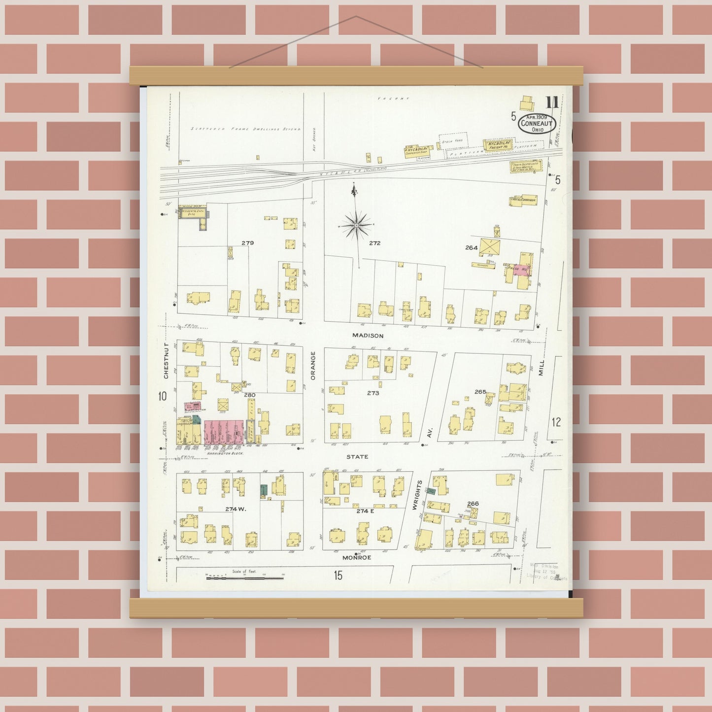 Old map wall art mockup — magnetic wood frame on brick wall — Sanborn Fire Insurance Map from Conneaut, Ashtabula County, Ohio (1909), Sheet #0011