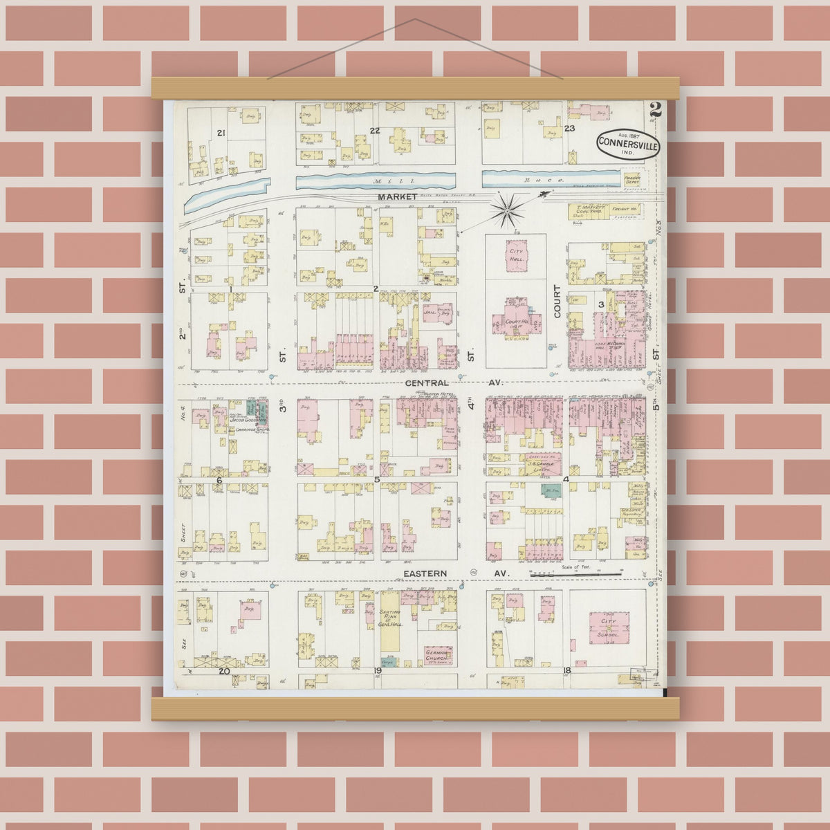 Old map wall art mockup — magnetic wood frame on brick wall — Sanborn Fire Insurance Map from Connersville, Fayette County, Indiana (1887), Sheet #0002