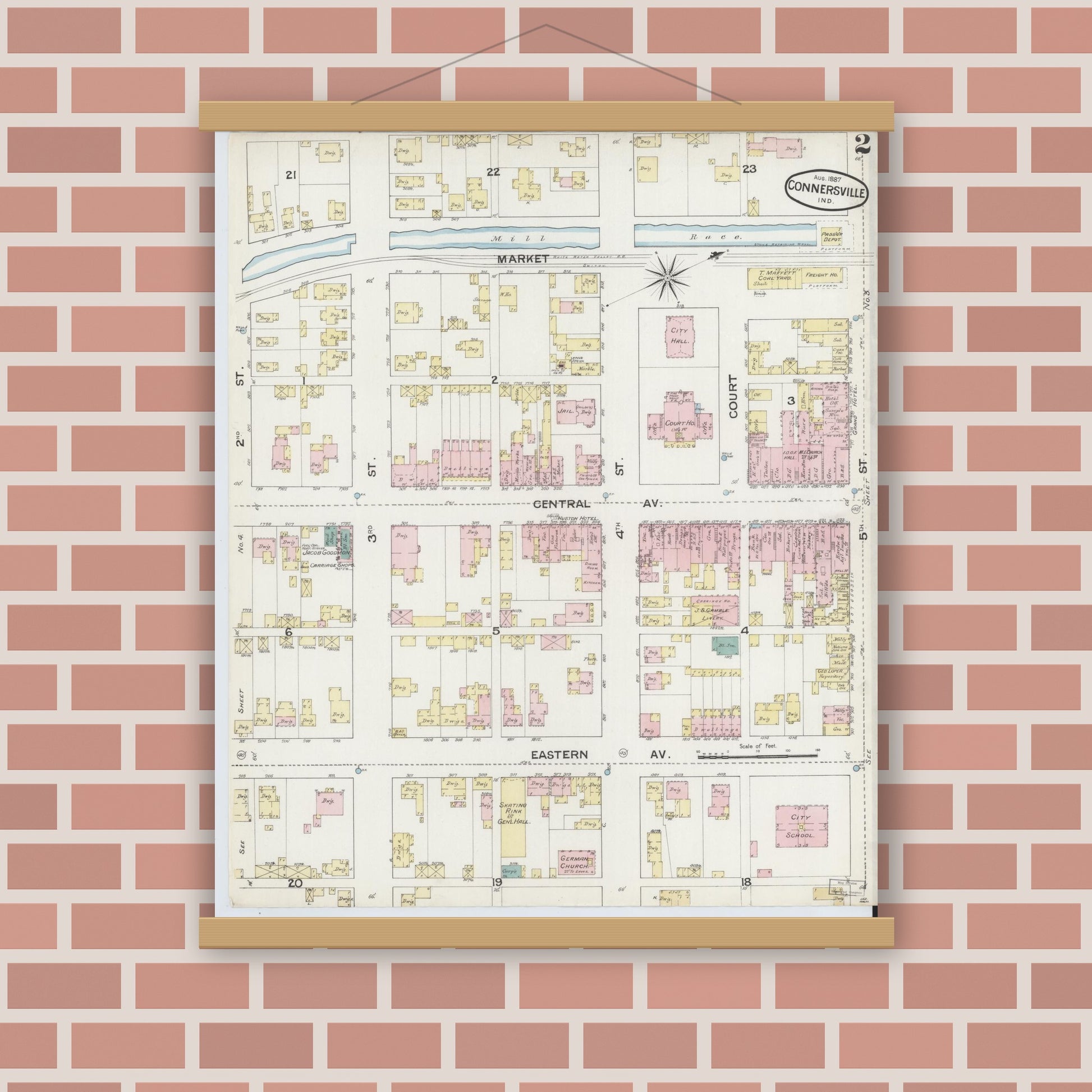 Old map wall art mockup — magnetic wood frame on brick wall — Sanborn Fire Insurance Map from Connersville, Fayette County, Indiana (1887), Sheet #0002