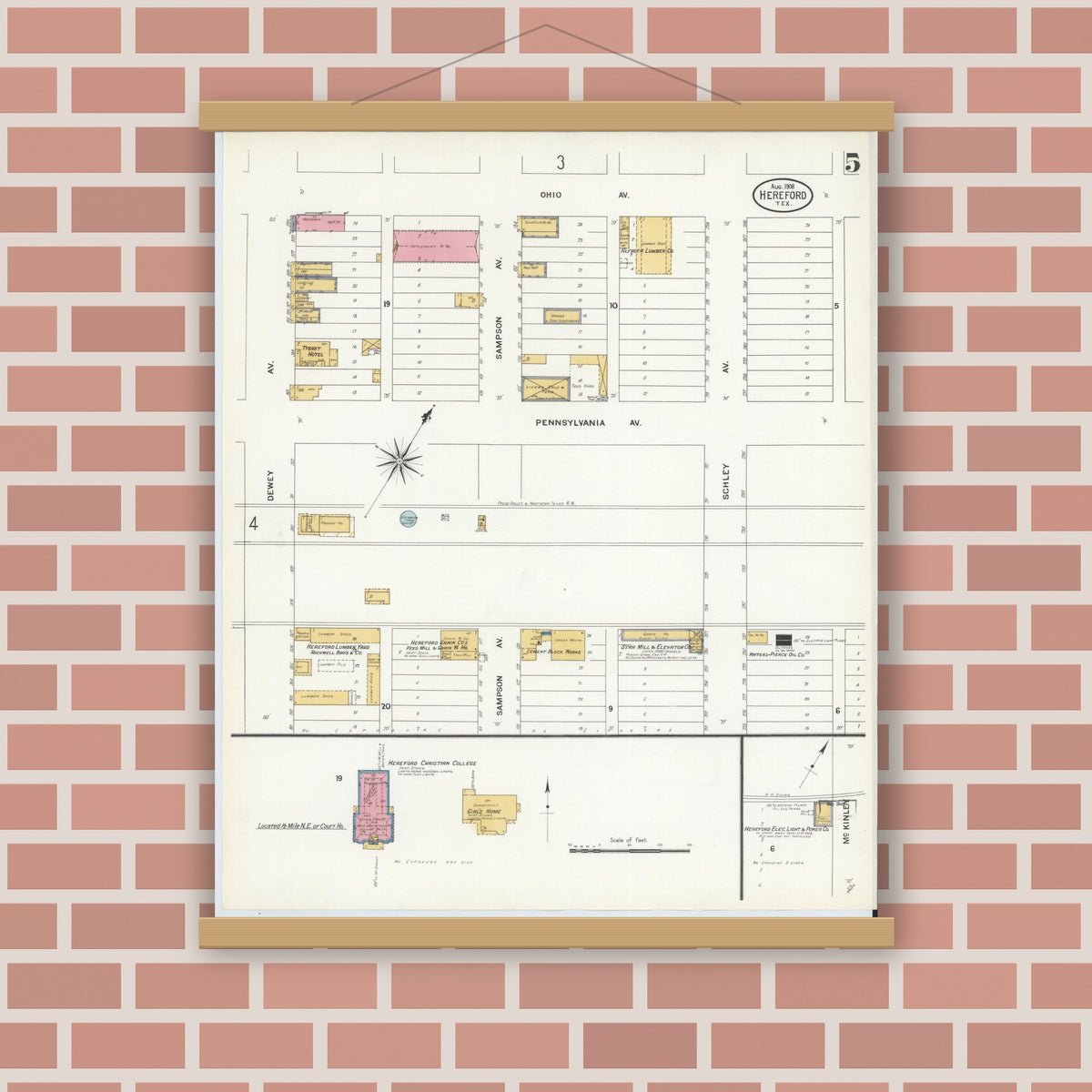 Old map wall art mockup — magnetic wood frame on brick wall — Sanborn Fire Insurance Map from Hereford, Deaf Smith County, Texas (1908), Sheet #0005