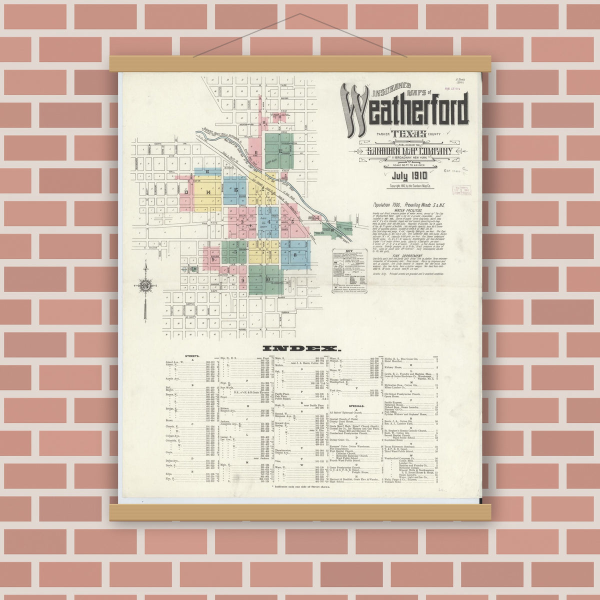 Old map wall art mockup — magnetic wood frame on brick wall — Sanborn Fire Insurance Map from Weatherford, Parker County, Texas (1910) - Complete Map Set