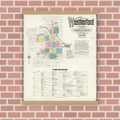 Old map wall art mockup — magnetic wood frame on brick wall — Sanborn Fire Insurance Map from Weatherford, Parker County, Texas (1910) - Complete Map Set