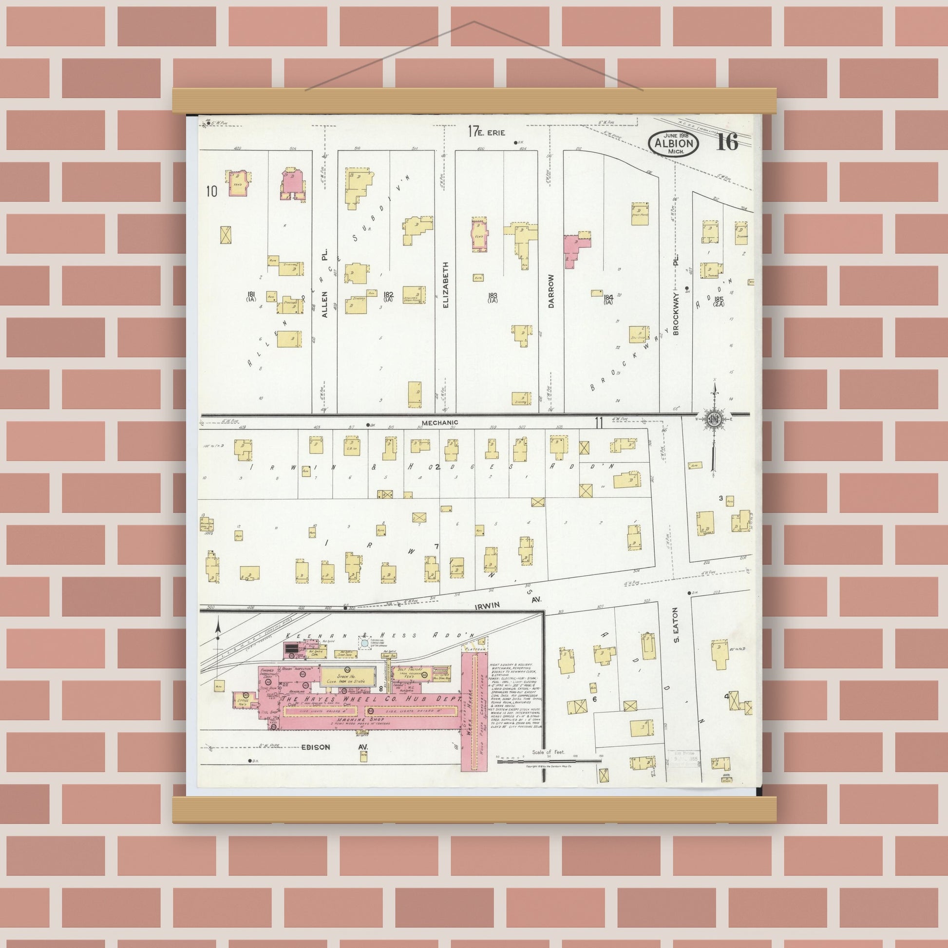 Old map wall art mockup — magnetic wood frame on brick wall — Sanborn Fire Insurance Map from Albion, Calhoun County, Michigan (1918), Sheet #0016