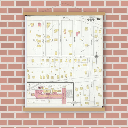 Old map wall art mockup — magnetic wood frame on brick wall — Sanborn Fire Insurance Map from Albion, Calhoun County, Michigan (1918), Sheet #0016