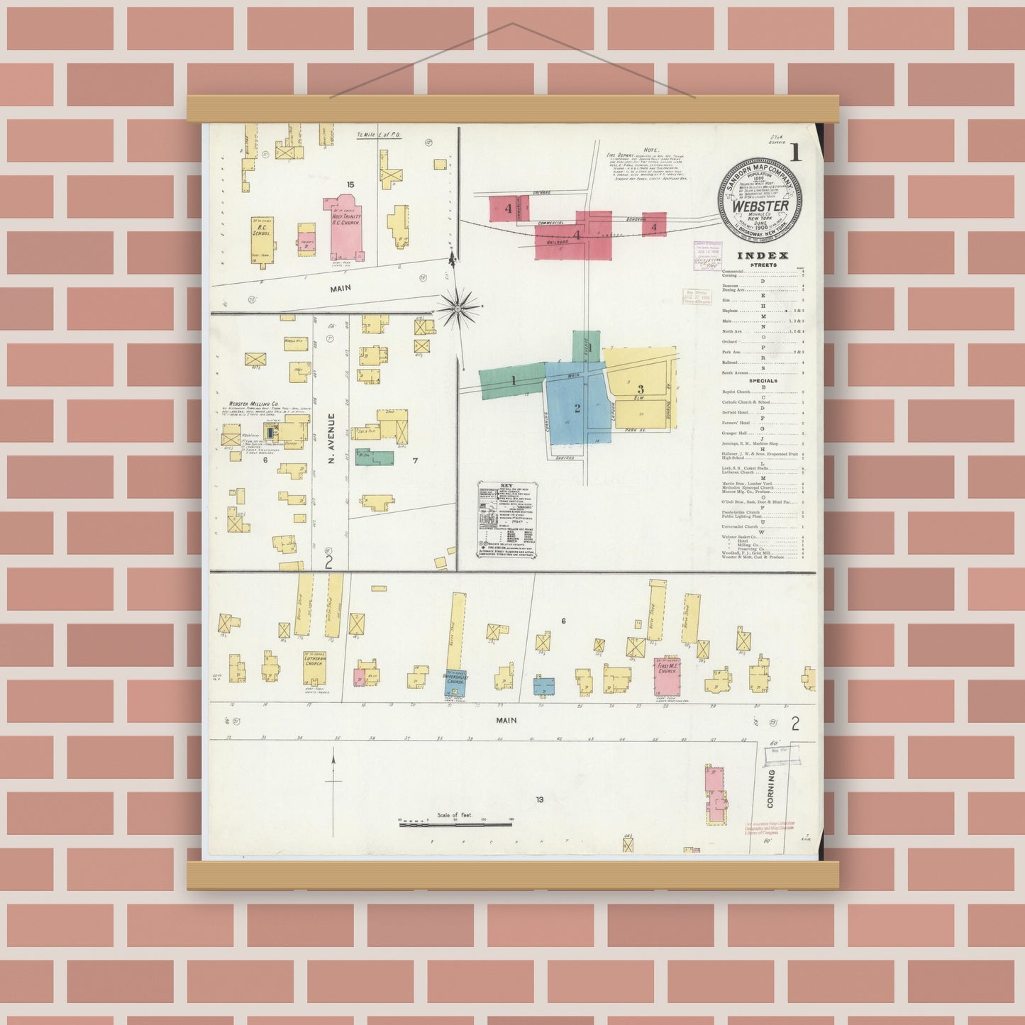 Old map wall art mockup — magnetic wood frame on brick wall — Sanborn Fire Insurance Map from Webster, Monroe County, New York (1906) - Complete Map Set
