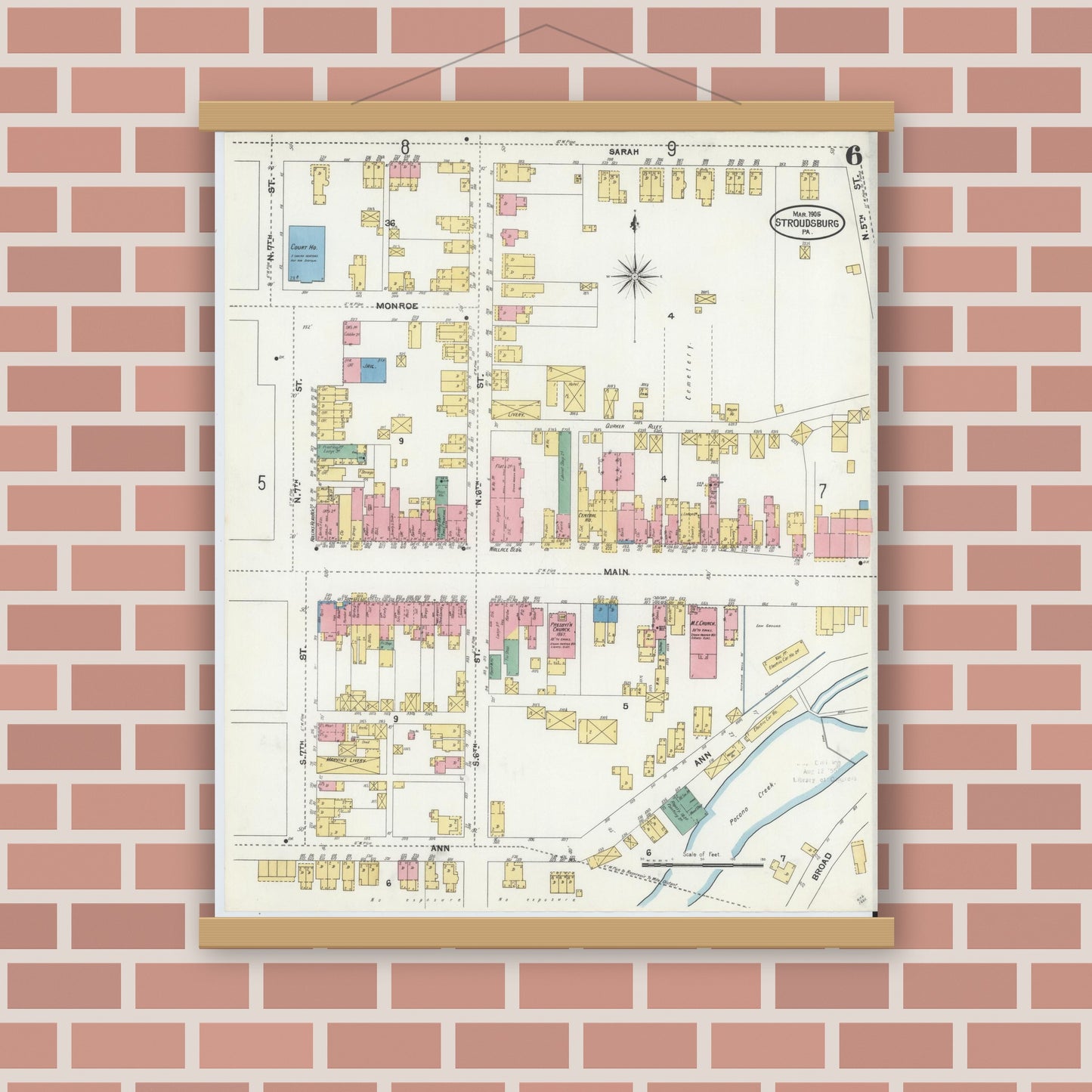 Old map wall art mockup — magnetic wood frame on brick wall — Sanborn Fire Insurance Map from Stroudsburg, Monroe County, Pennsylvania (1905), Sheet #0006