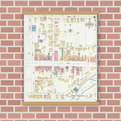 Old map wall art mockup — magnetic wood frame on brick wall — Sanborn Fire Insurance Map from Stroudsburg, Monroe County, Pennsylvania (1905), Sheet #0006