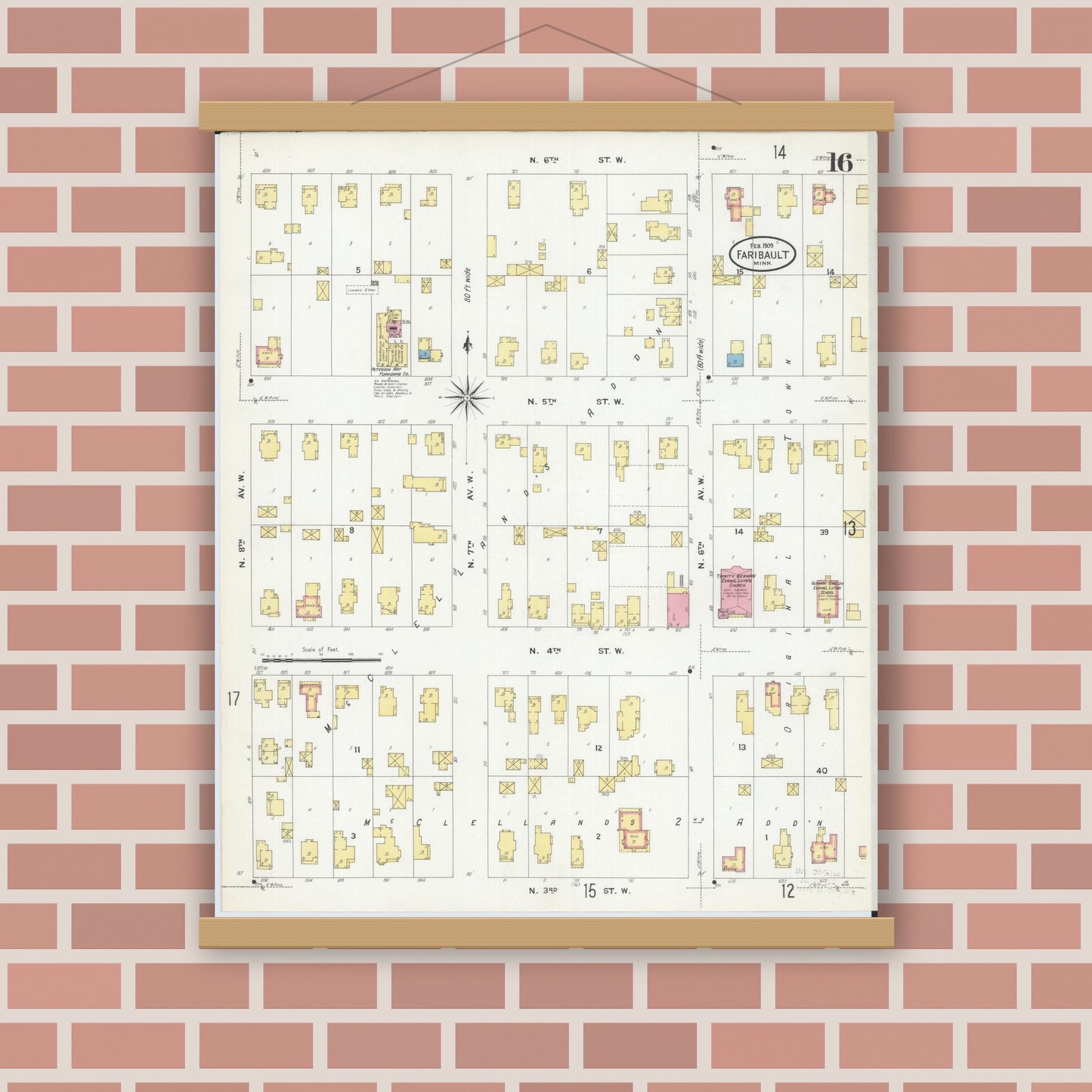 Old map wall art mockup — magnetic wood frame on brick wall — Sanborn Fire Insurance Map from Faribault, Rice County, Minnesota (1909), Sheet #0016