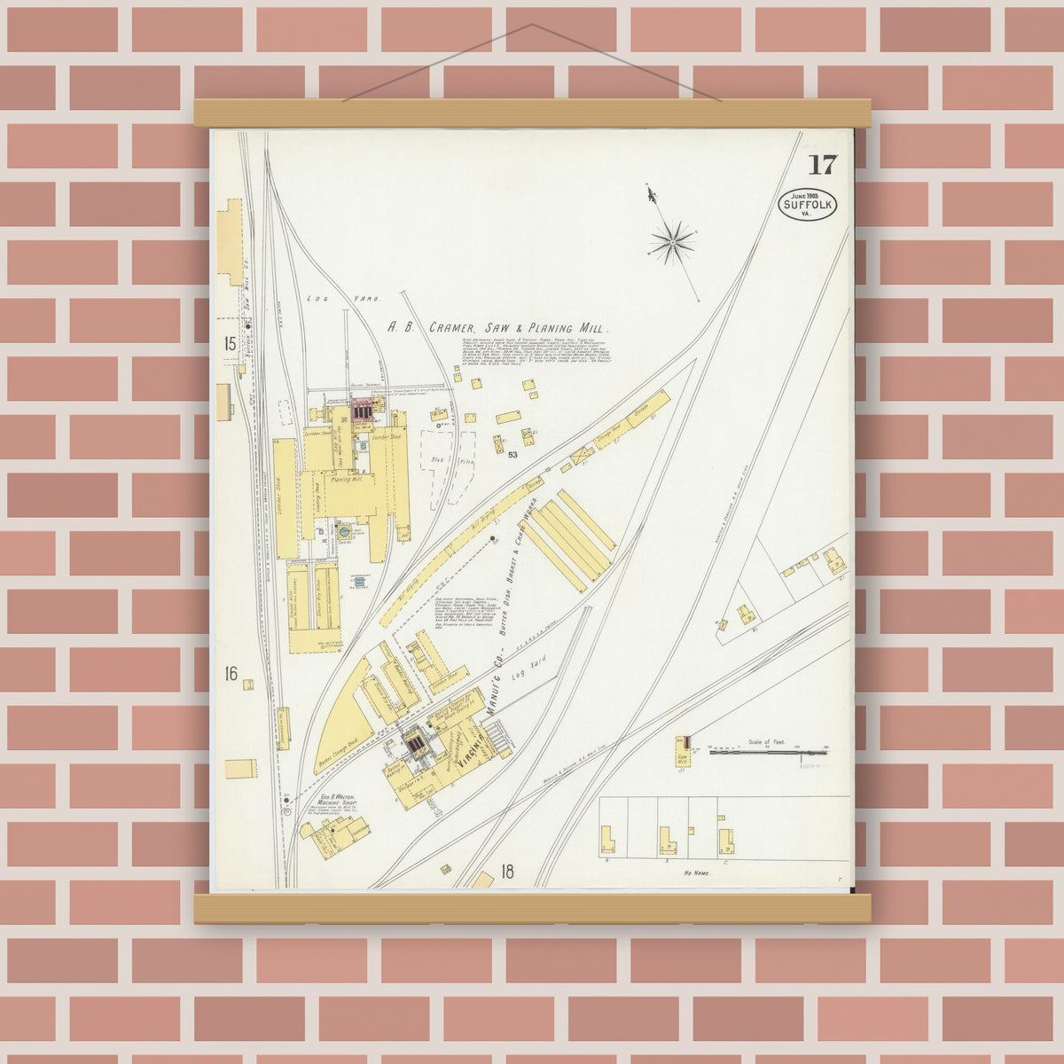 Old map wall art mockup — magnetic wood frame on brick wall — Sanborn Fire Insurance Map from Suffolk, Independent Cities, Virginia (1903), Sheet #0017