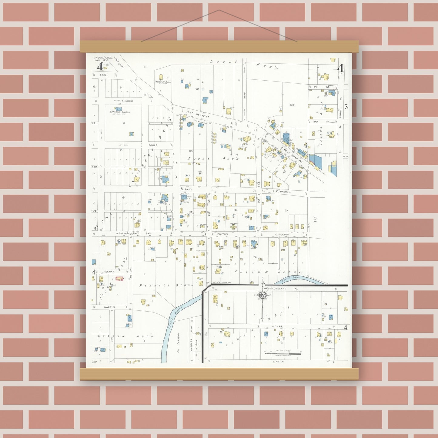 Old map wall art mockup — magnetic wood frame on brick wall — Sanborn Fire Insurance Map from Mason, Mason County, Texas (1936), Sheet #0004