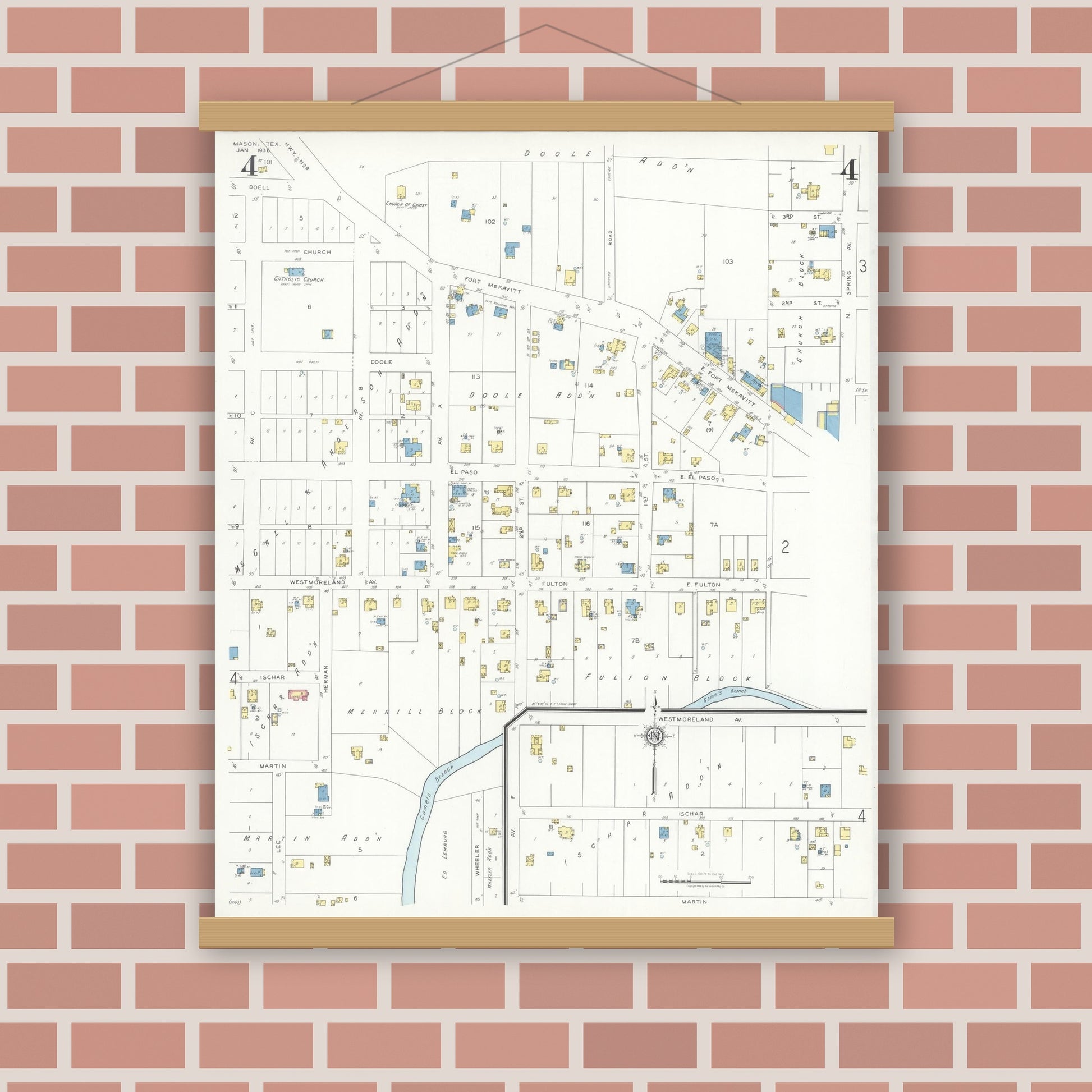 Old map wall art mockup — magnetic wood frame on brick wall — Sanborn Fire Insurance Map from Mason, Mason County, Texas (1936), Sheet #0004