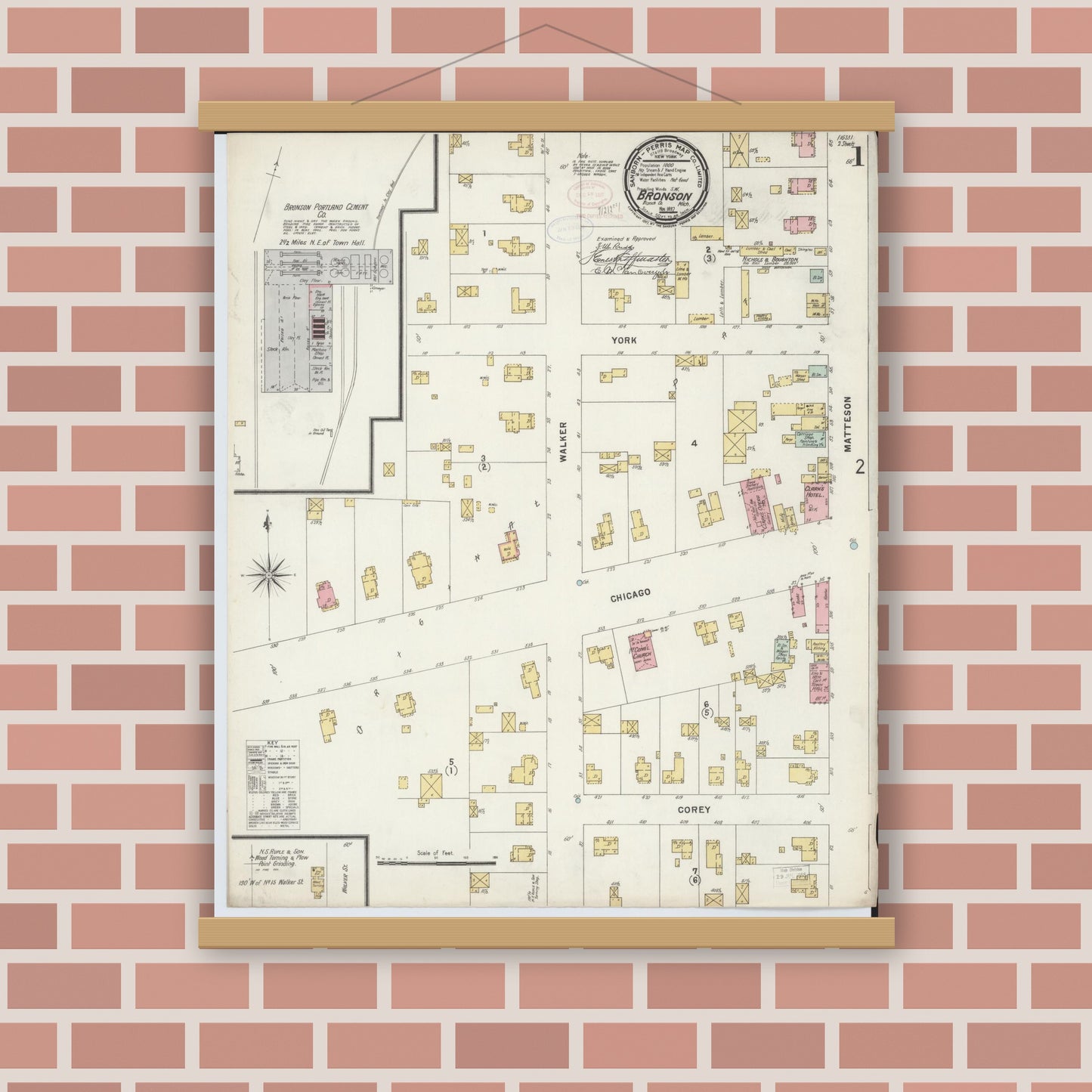 Old map wall art mockup — magnetic wood frame on brick wall — Sanborn Fire Insurance Map from Bronson, Branch County, Michigan (1897), Sheet #0001
