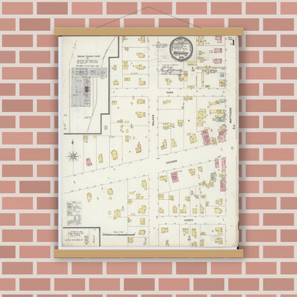 Old map wall art mockup — magnetic wood frame on brick wall — Sanborn Fire Insurance Map from Bronson, Branch County, Michigan (1897), Sheet #0001