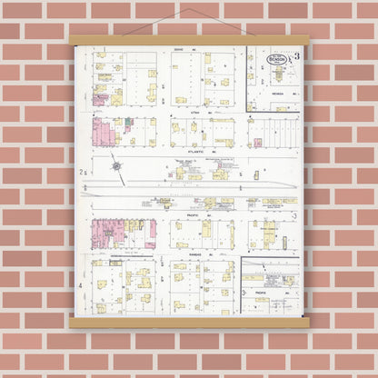 Old map wall art mockup — magnetic wood frame on brick wall — Sanborn Fire Insurance Map from Benson, Swift County, Minnesota (1909), Sheet #0003