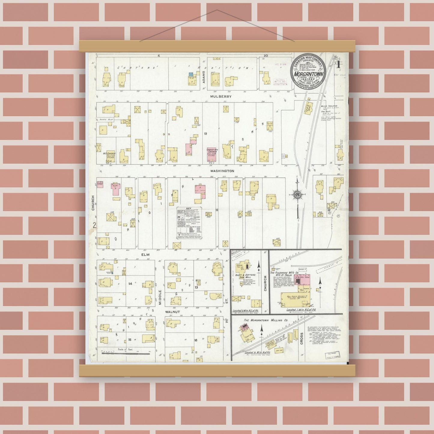 Old map wall art mockup — magnetic wood frame on brick wall — Sanborn Fire Insurance Map from Morgantown, Morgan County, Indiana (1910) - Complete Map Set