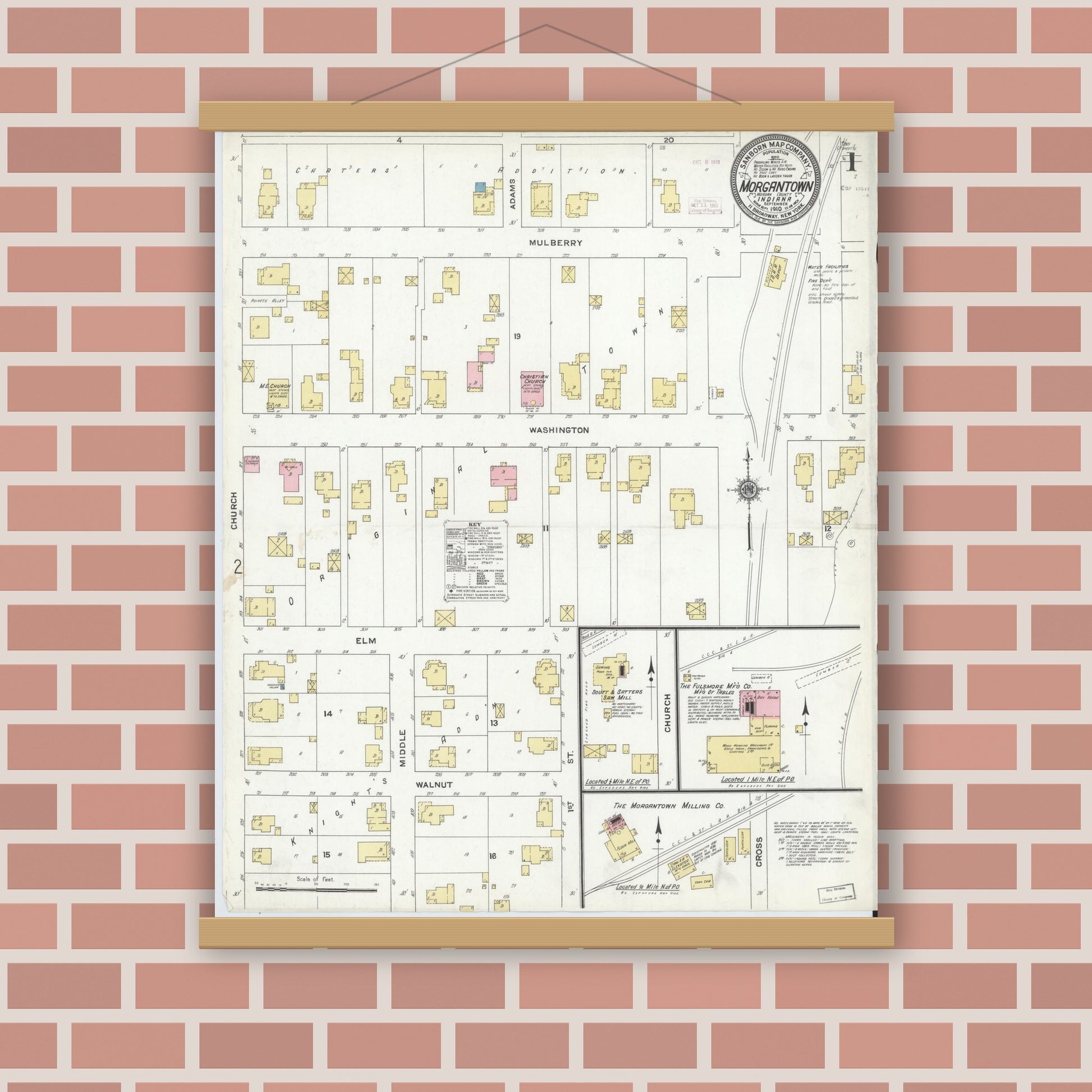 Old map wall art mockup — magnetic wood frame on brick wall — Sanborn Fire Insurance Map from Morgantown, Morgan County, Indiana (1910) - Complete Map Set