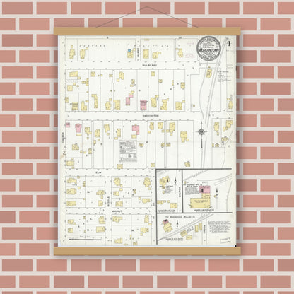 Old map wall art mockup — magnetic wood frame on brick wall — Sanborn Fire Insurance Map from Morgantown, Morgan County, Indiana (1910) - Complete Map Set