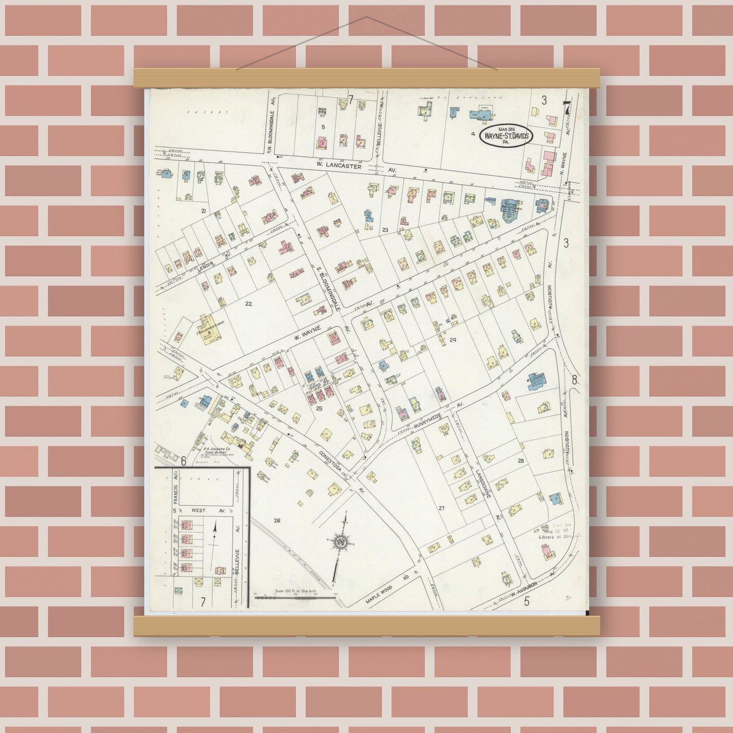 Old map wall art mockup — magnetic wood frame on brick wall — Sanborn Fire Insurance Map from Wayne, Delaware County, Pennsylvania (1914), Sheet #0007