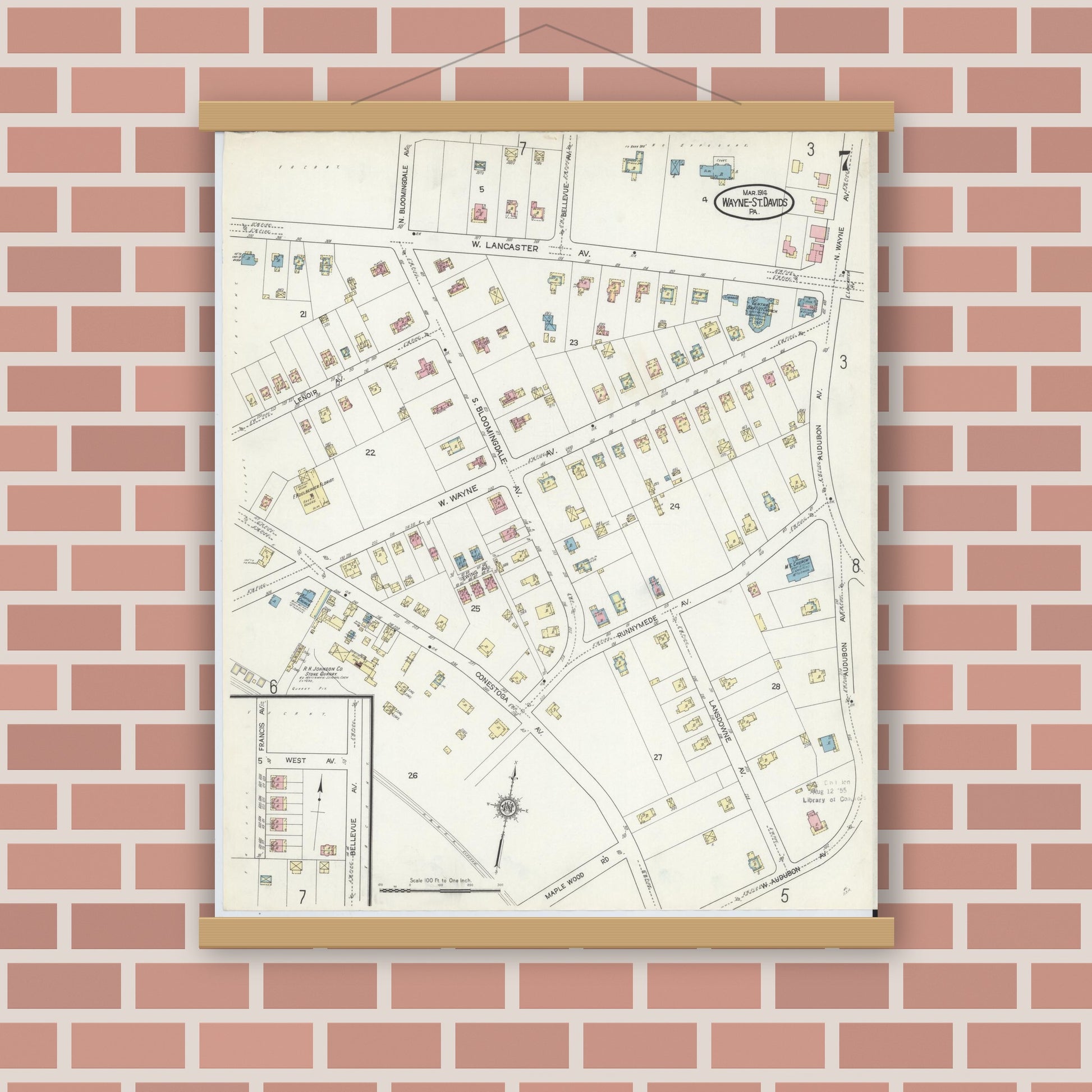 Old map wall art mockup — magnetic wood frame on brick wall — Sanborn Fire Insurance Map from Wayne, Delaware County, Pennsylvania (1914), Sheet #0007