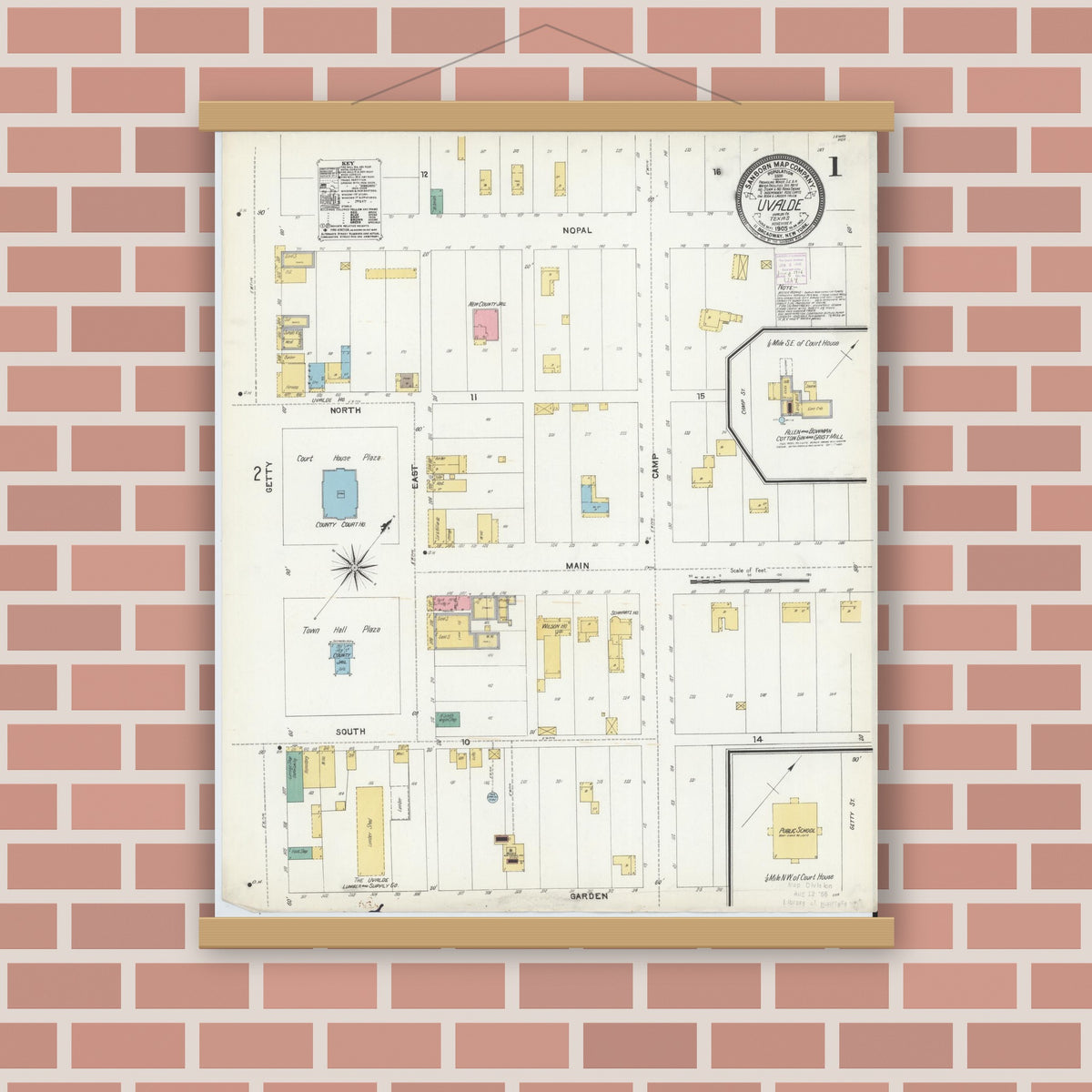 Old map wall art mockup — magnetic wood frame on brick wall — Sanborn Fire Insurance Map from Uvalde, Uvalde County, Texas (1905), Sheet #0001