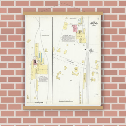 Old map wall art mockup — magnetic wood frame on brick wall — Sanborn Fire Insurance Map from Wayland, Steuben County, New York (1908), Sheet #0007