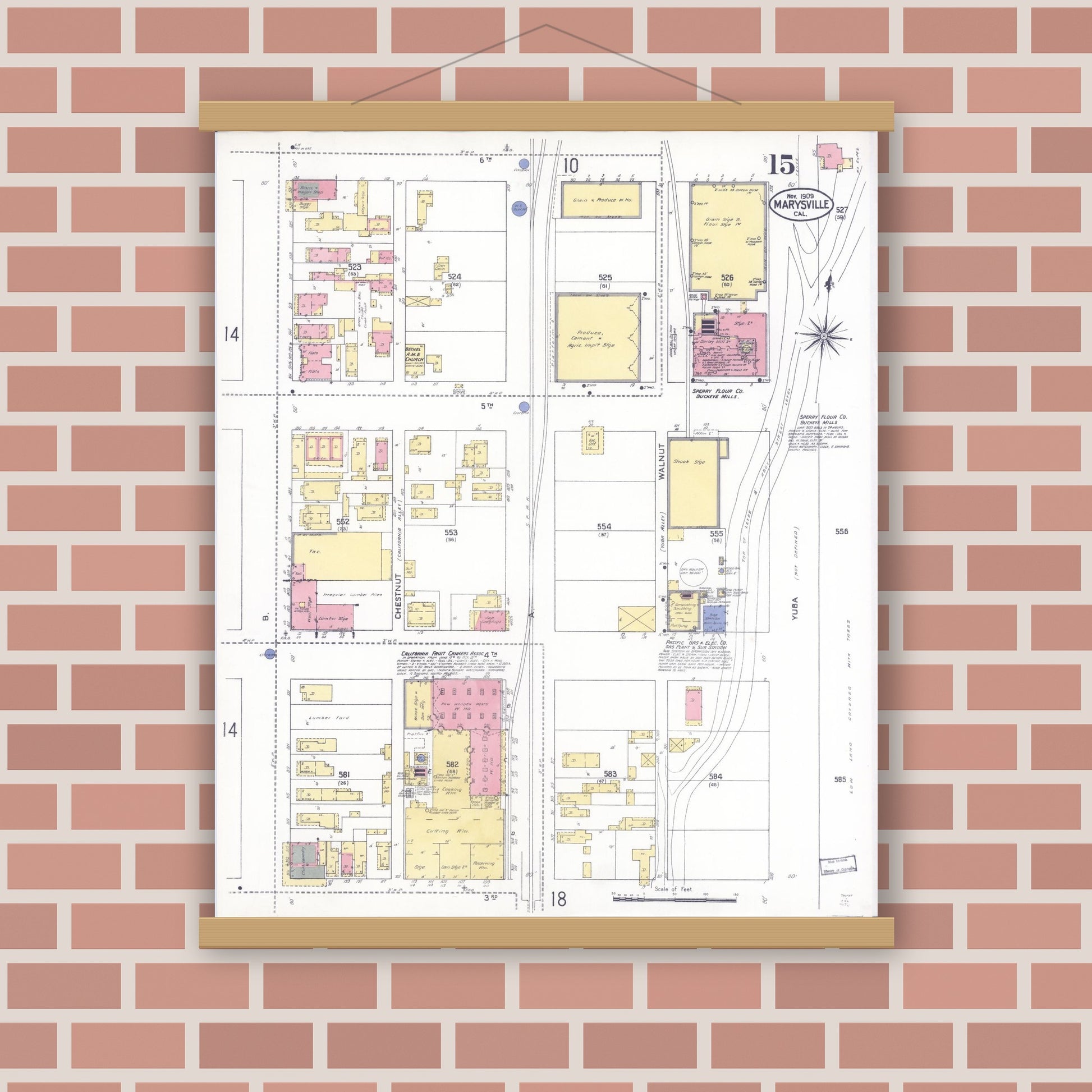 Old map wall art mockup — magnetic wood frame on brick wall — Sanborn Fire Insurance Map from Marysville, Yuba County, California (1909), Sheet #0015