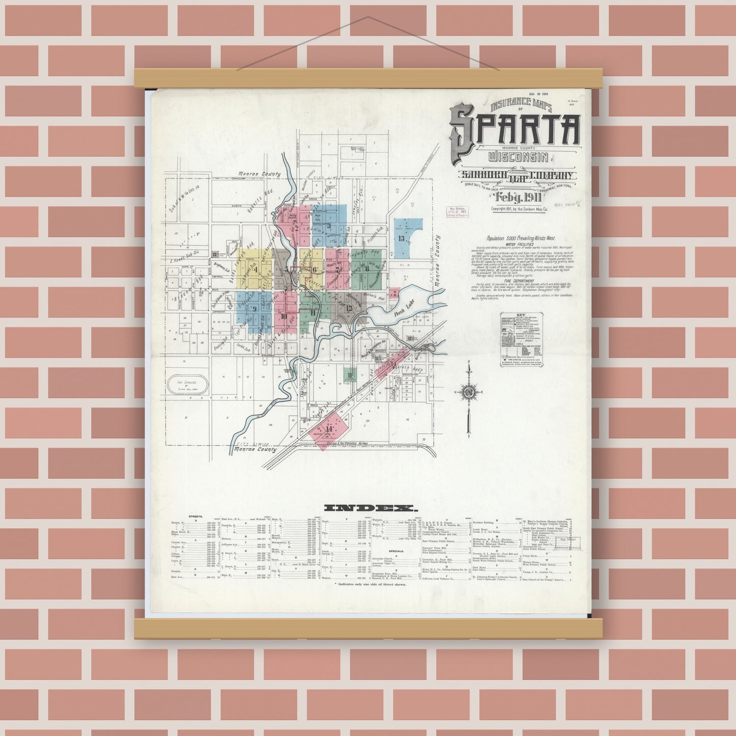 Old map wall art mockup — magnetic wood frame on brick wall — Sanborn Fire Insurance Map from Sparta, Monroe County, Wisconsin (1911), Sheet #0001