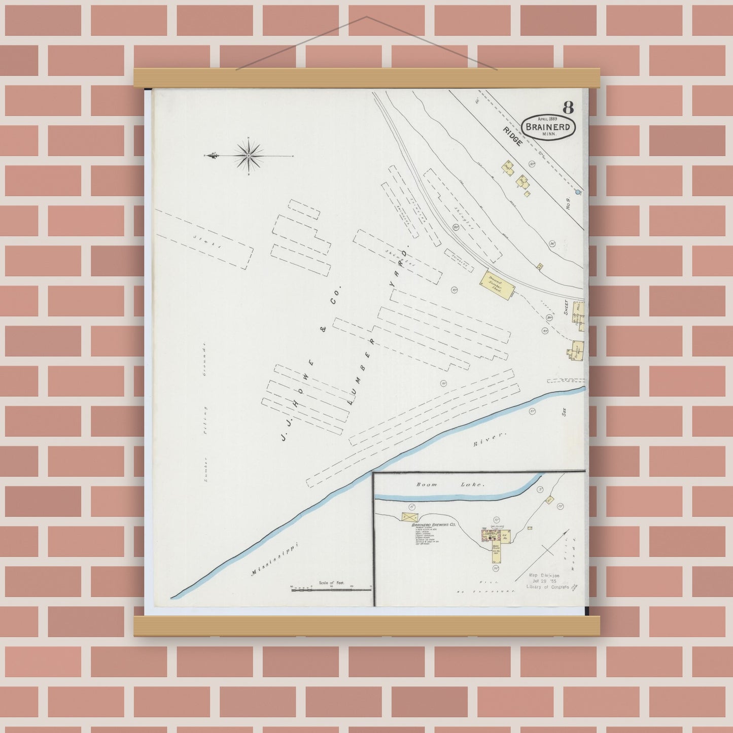 Old map wall art mockup — magnetic wood frame on brick wall — Sanborn Fire Insurance Map from Brainerd, Crow Wing County, Minnesota (1889), Sheet #0008