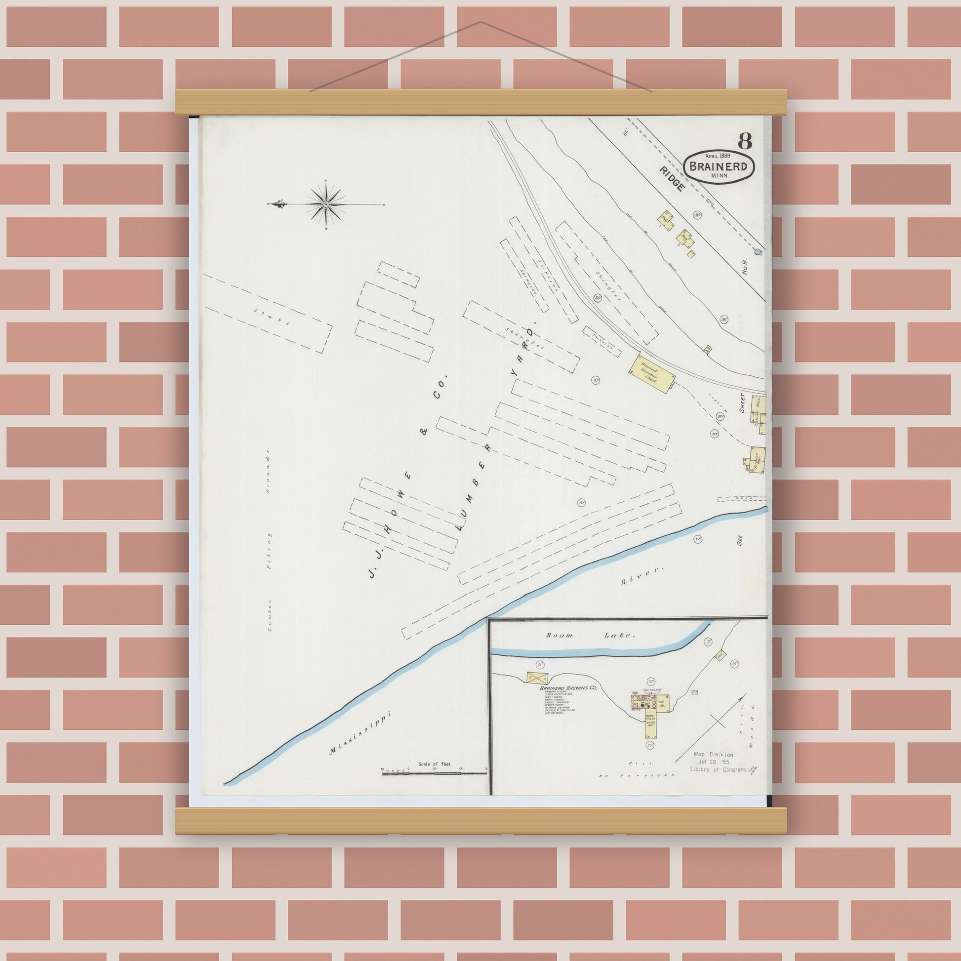 Old map wall art mockup — magnetic wood frame on brick wall — Sanborn Fire Insurance Map from Brainerd, Crow Wing County, Minnesota (1889), Sheet #0008