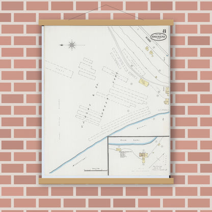 Old map wall art mockup — magnetic wood frame on brick wall — Sanborn Fire Insurance Map from Brainerd, Crow Wing County, Minnesota (1889), Sheet #0008