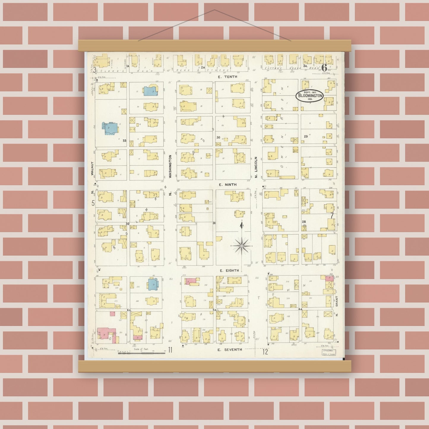 Old map wall art mockup — magnetic wood frame on brick wall — Sanborn Fire Insurance Map from Bloomington, Monroe County, Indiana (1907), Sheet #0006