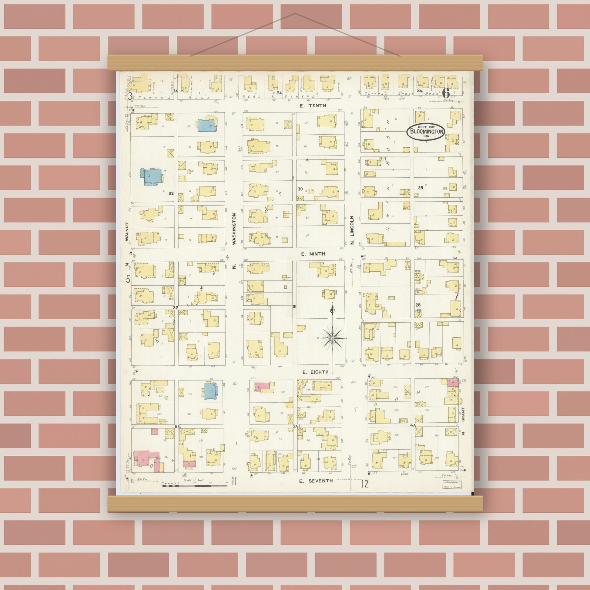 Old map wall art mockup — magnetic wood frame on brick wall — Sanborn Fire Insurance Map from Bloomington, Monroe County, Indiana (1907), Sheet #0006