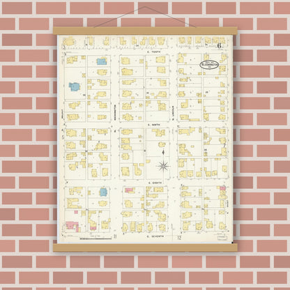 Old map wall art mockup — magnetic wood frame on brick wall — Sanborn Fire Insurance Map from Bloomington, Monroe County, Indiana (1907), Sheet #0006