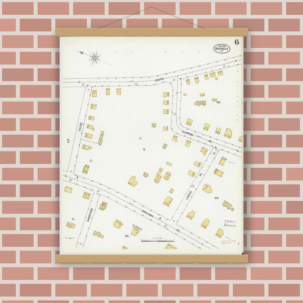 Old map wall art mockup — magnetic wood frame on brick wall — Sanborn Fire Insurance Map from Warwick, Orange County, New York (1900), Sheet #0006