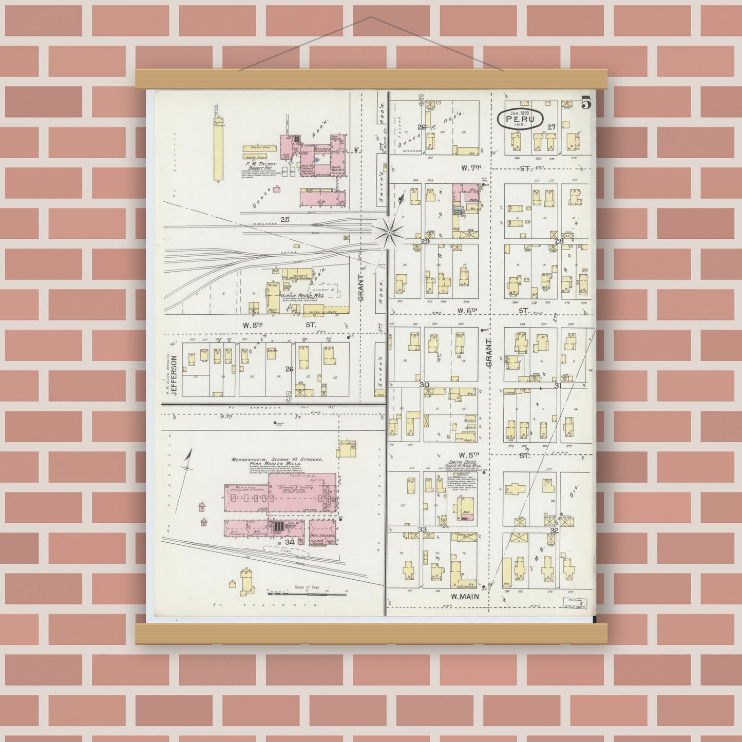 Old map wall art mockup — magnetic wood frame on brick wall — Sanborn Fire Insurance Map from Peru, Miami County, Indiana (1893), Sheet #0005