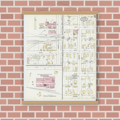Old map wall art mockup — magnetic wood frame on brick wall — Sanborn Fire Insurance Map from Peru, Miami County, Indiana (1893), Sheet #0005