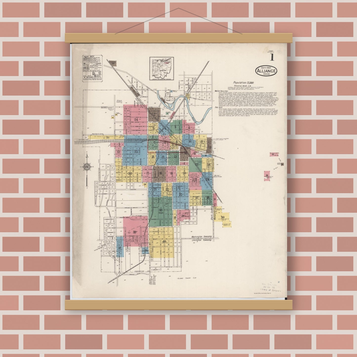 Old map wall art mockup — magnetic wood frame on brick wall — Sanborn Fire Insurance Map from Alliance, Stark County, Ohio (1921), Sheet #0001