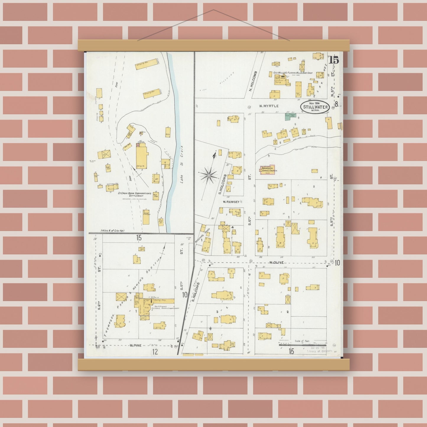 Old map wall art mockup — magnetic wood frame on brick wall — Sanborn Fire Insurance Map from Stillwater, Washington County, Minnesota (1904), Sheet #0015
