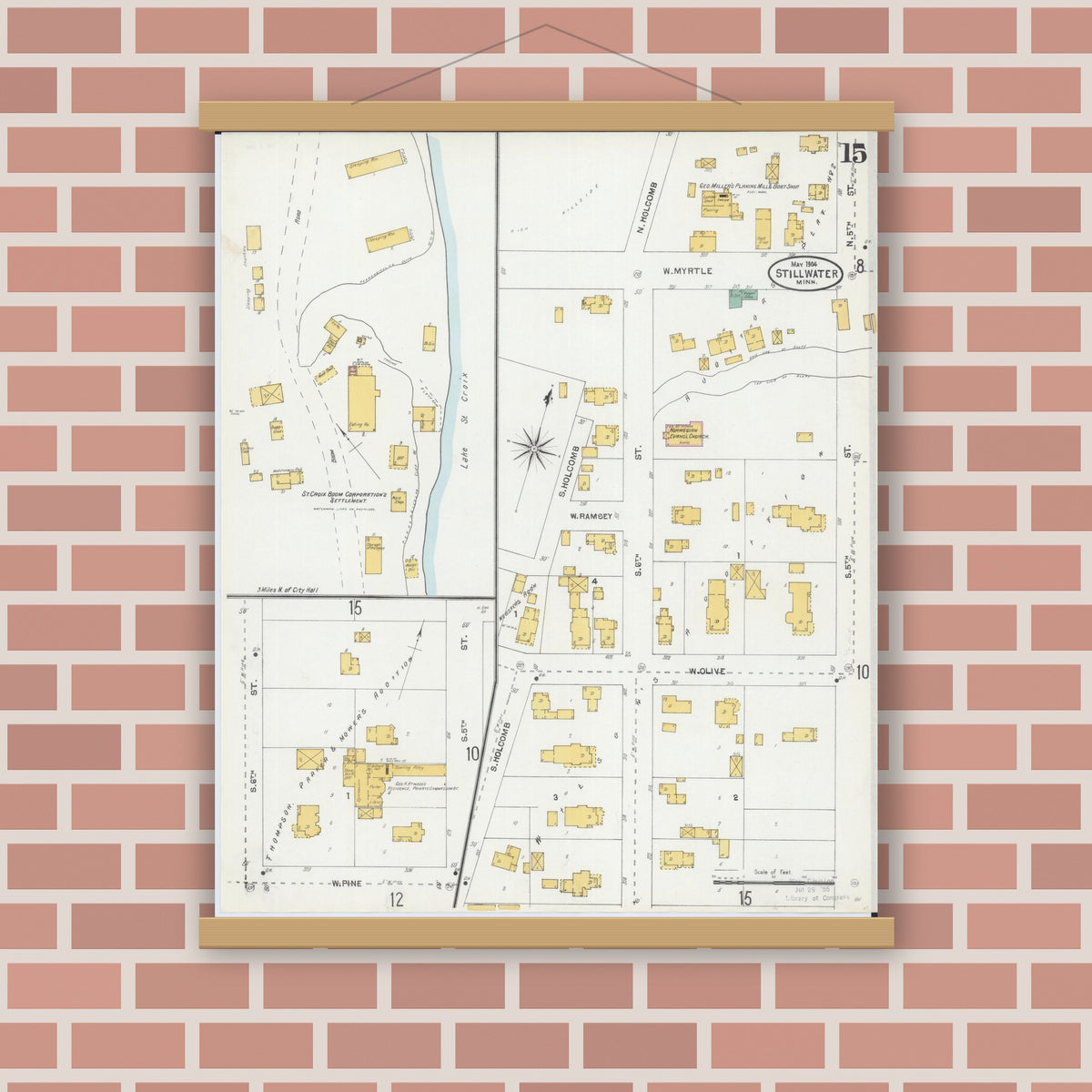 Old map wall art mockup — magnetic wood frame on brick wall — Sanborn Fire Insurance Map from Stillwater, Washington County, Minnesota (1904), Sheet #0015