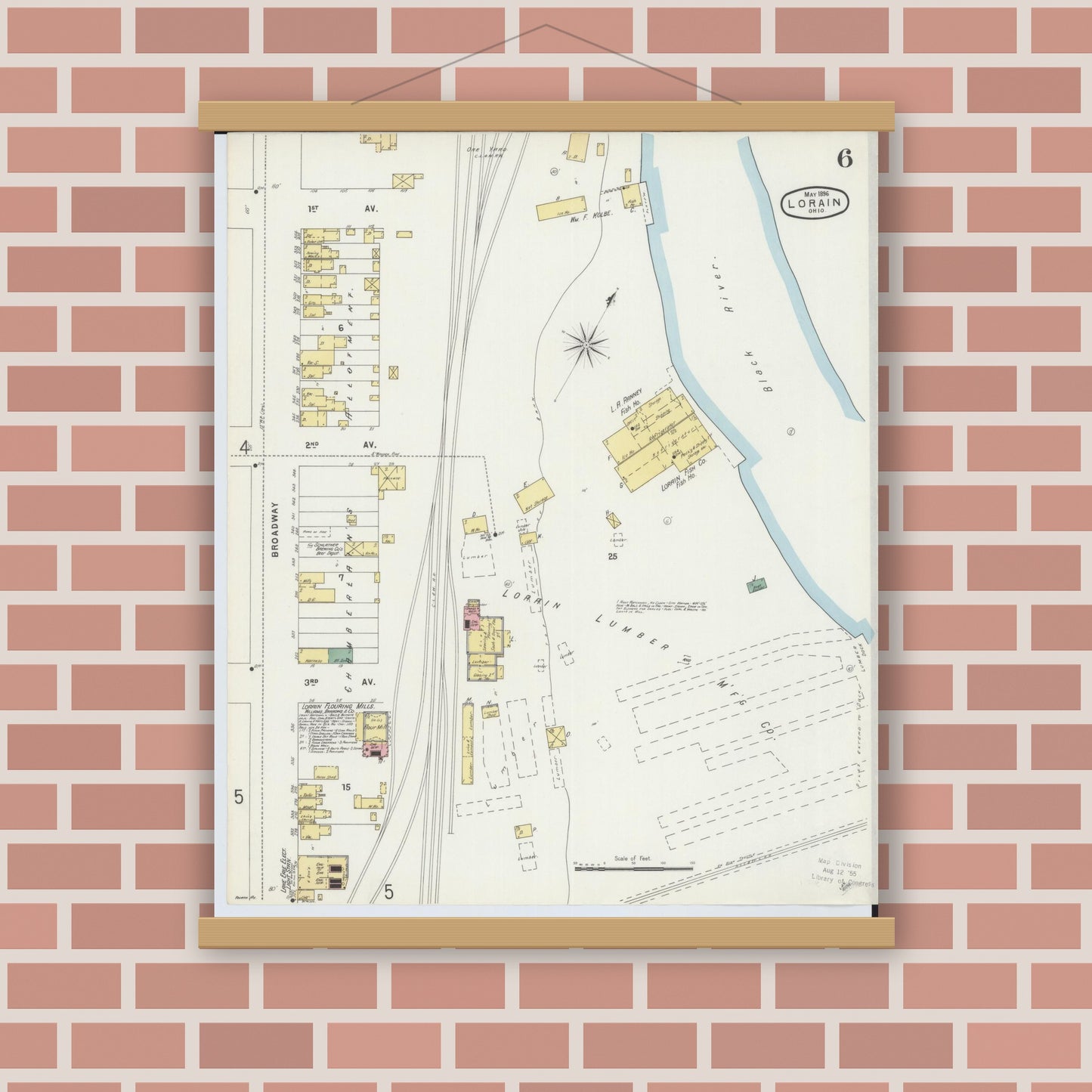 Old map wall art mockup — magnetic wood frame on brick wall — Sanborn Fire Insurance Map from Lorain, Lorain County, Ohio (1896), Sheet #0006