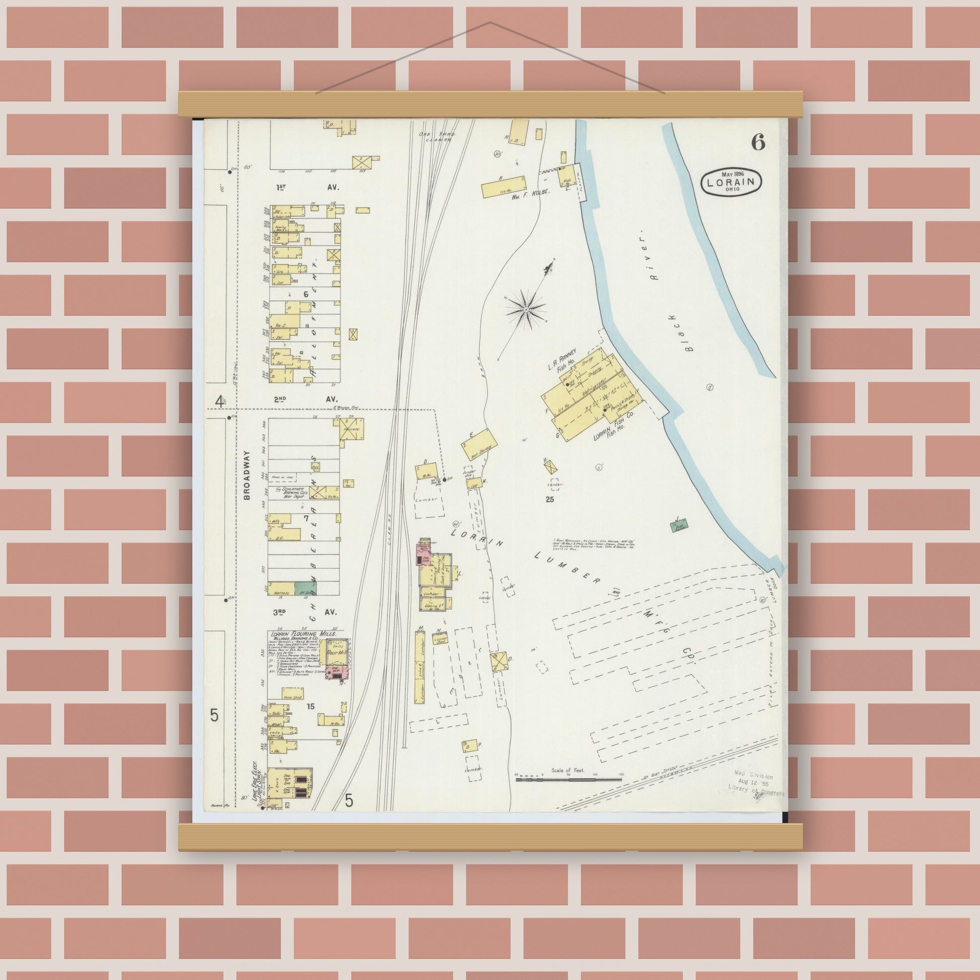 Old map wall art mockup — magnetic wood frame on brick wall — Sanborn Fire Insurance Map from Lorain, Lorain County, Ohio (1896), Sheet #0006
